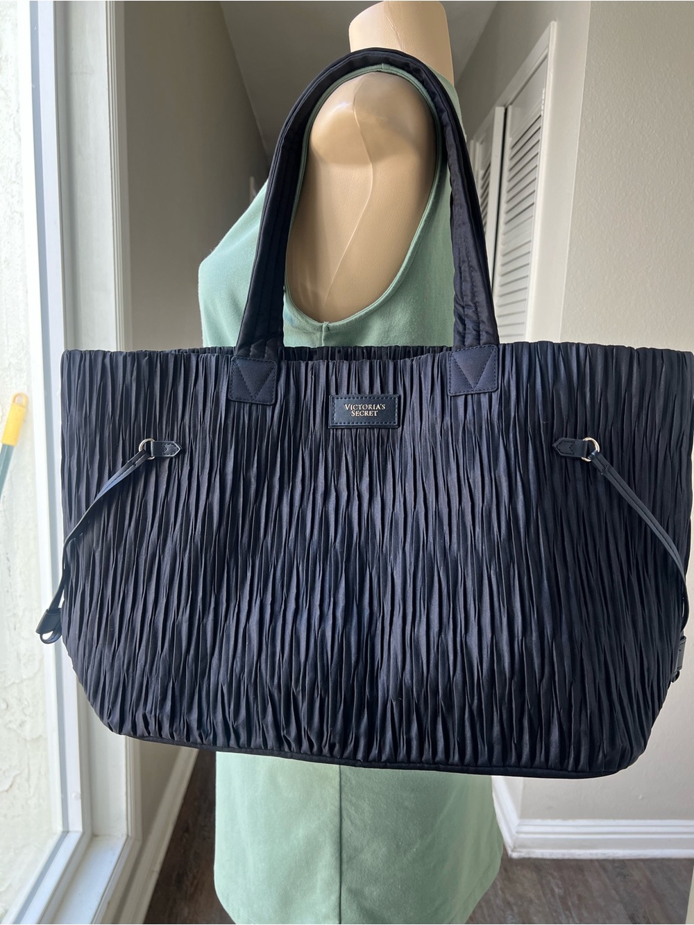 Victoria's Secret Black Textured Ruched Tote